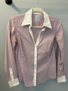 Brooks Brothers Light Burgundy and White Striped Dress Shirt with White Lapel